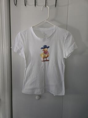 White Short-Sleeve Graphic Tee with Duck Illustration